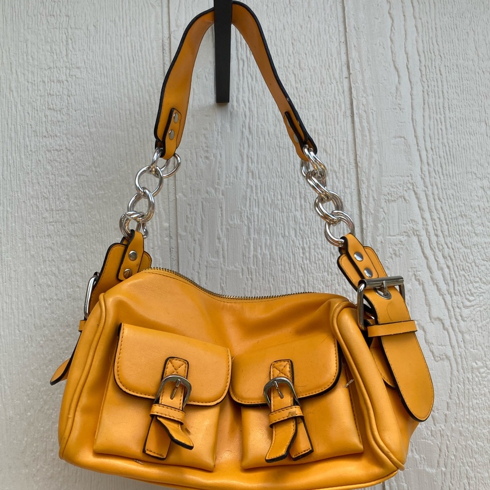 Vintage Unbranded Yellow Leather Handbag Purse Pockets